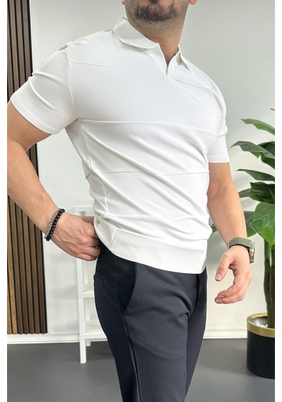 Erkek Açık Yaka Bloklu Tişört Beyaz Edw237 Beyaz
