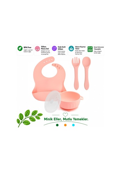 Silikon Beslenme Seti, Vakumlu Kapaklı Mama Kasesi, Silikon Önlük, Silikon Kaşık Ve Çatal / Pembe