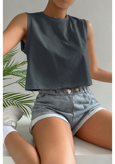 Antrasit %100 Pamuk Basic Bisiklet Yaka Süprem Kolsuz T-shirt Gri