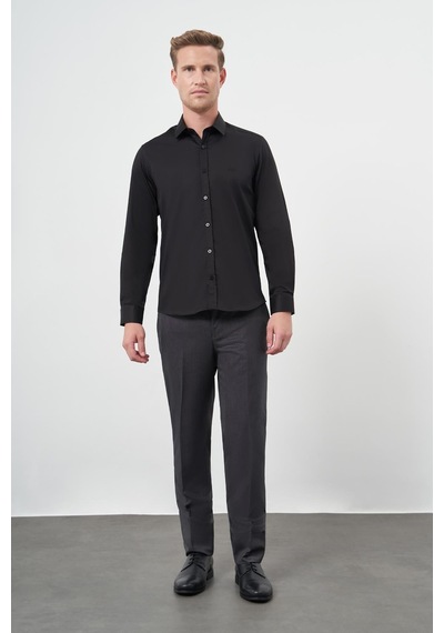 İmza Siyah Uzun Kol Düz Bez Ayağı 032 Sert Yaka Classic Slim Fit Gömlek 1004245324 Siyah