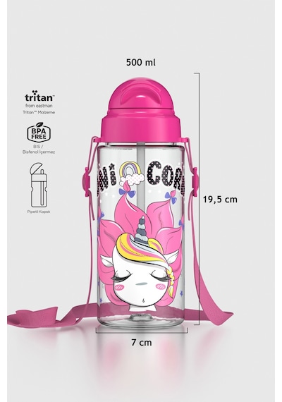 Renga Migo Desenli 500 Ml Askılı Pipetli Tritan Çocuk Matara 912008 Pembe Pembe