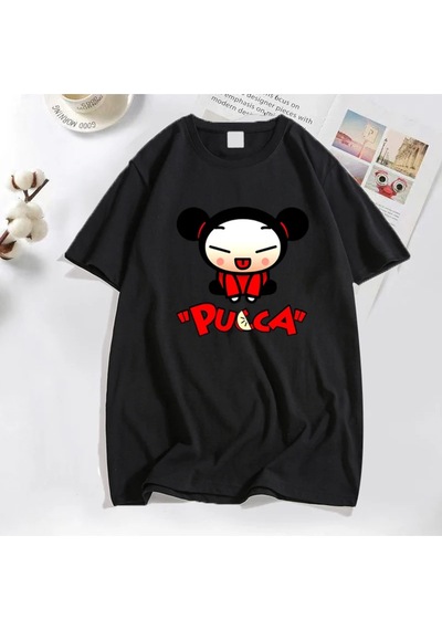 Flood Of Style Komik Karikatür Pucca Çin Bebek T-shirt Erkekler Kadınlar Sevimli Grafik T Shirt Pamuk Kısa K Siyah