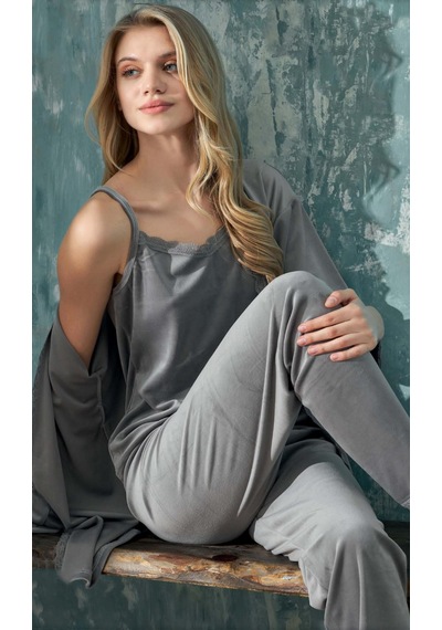 Cotonhause Kadın 3'lü Kadife Gri Pijama Takımı C1t3n402-1 001