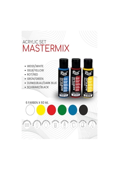Rich Mastermix Akrilik Boya 6 Renk 60 Ml 1 Paket Ana Renkler Akrilik Boya 6 Lı Profesyonel Tuval Canvas Çok Renkli