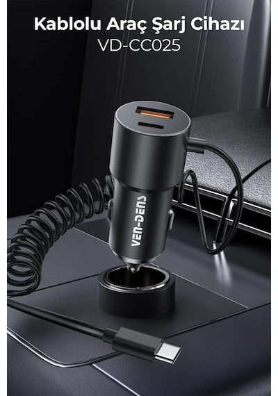 Ven-dens Vd-cc025 60 W Hızlı Araç Şarj Cihazı, Type-c Ve Usb Çift Port, Dahili Kablolu, Siyah
