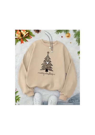 Herkesemoda Merry Christmas Baskı Detaylı Bisiklet Yaka Sweatshırt Bej