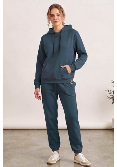 Moibody Kadın 3 İplik Şardonlu Eşofman Takımı Premium Kapüşonlu Sweatshirt Ve Jogger Alt Petrol Petrol
