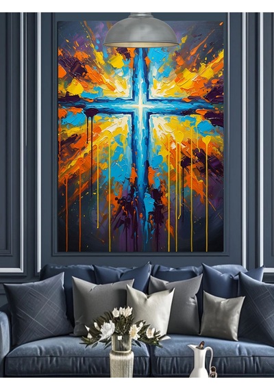 Mavi Kutsal İşıklı Haç Sembolü Dekoratif Kanvas - Mdf Ahşap Tablo