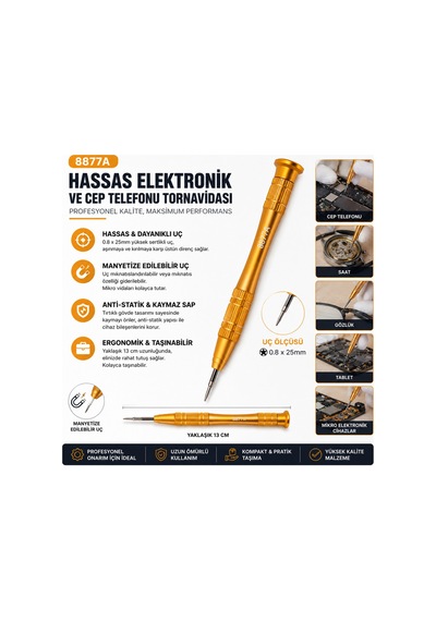 8877a 0.8x25mm Hassas Cep Telefonu Ve Elektronik Tamir Tornavidası Alüminyum Saplı 13 Cm
