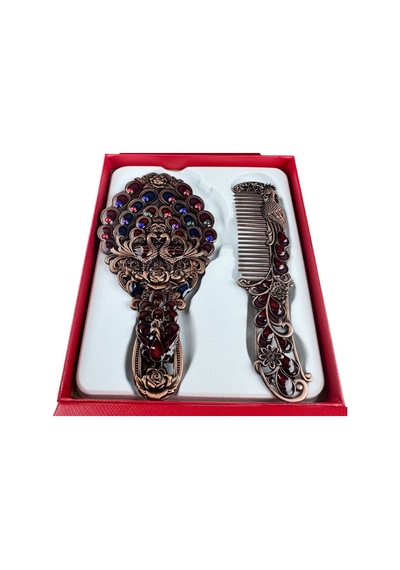 Tavus Kuşu Desenli Vintage Ayna Tarak Seti Özel Tasarım Ve Özel Kutulu 13,5 Cm & 13 Cm Bakır