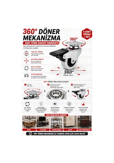 4 Adet Frenli Döner Tablalı 50 Mm Bilyalı Mobilya Tekeri 360 Döner Masa Dolap Sehpa Tekeri Ağır Yük Çok Renkli