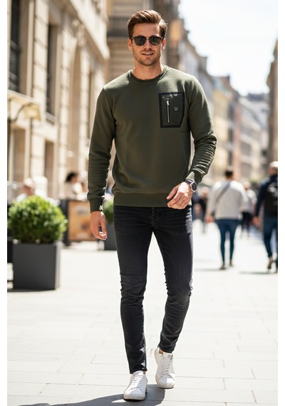 Remsa Erkek Fermuar Detay Bisiklet Yaka Pamuklu Sweatshirt 24722 Haki Haki Yeşil