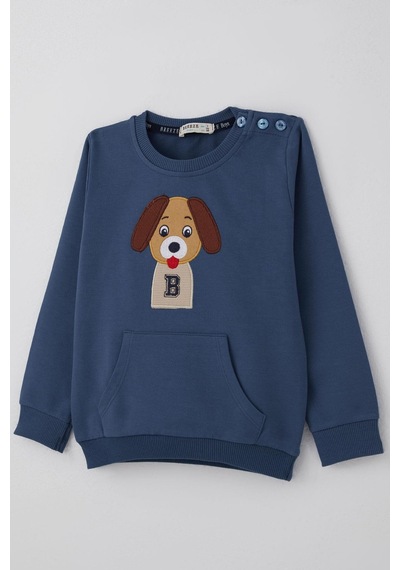 Breeze Erkek Bebek Eşofman Takımı Sevimli Köpekçik Nakışlı Kanguru Cepli 9 Ay-3 Yaş, İndigo İndigo