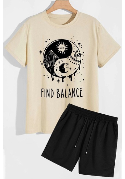 Uyguntarz Ying Yang Şort T-shirt Eşofman Takımı Bej