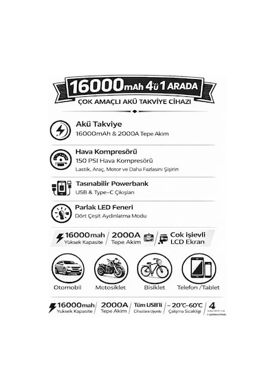Akü Takviye Cihazı 4'ü 1 Arada Jump Starter 150 Psı Hava Kompresörü Powerbank & Led Fener Taşıma Çantalı