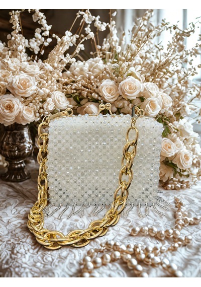 Luti Design El Yapımı Kristal Boncuk Abiye Çanta/ Zincir Askılı Özel Tasarım Beyaz