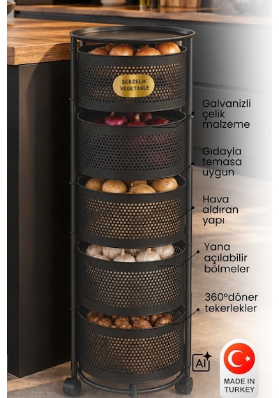 River World Tekerlekli Rengi Antrasit Açılabilen 5 Katlı Çok Amaçlı Metal Raf Mutfak, Balkon, Kiler Çok Renkli