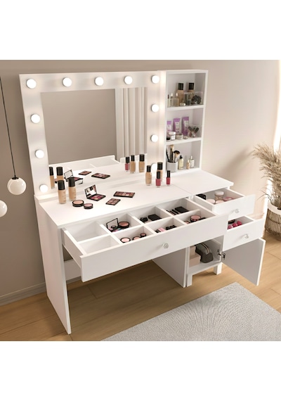 Robin Home Hollywood Makyaj Masası 3 Çekmece Kapaklı Düzenleyici Hollywood Led Işıklı Raflı Beyaz
