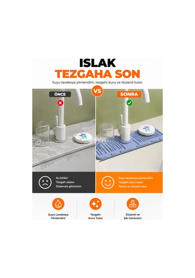 Silikon Lavabo Musluk Altı Matı Drenaj Kanallı Tezgah Koruyucu Ve Düzenleyici Mutfak & Banyo Lavabo Matı Çok Renkli