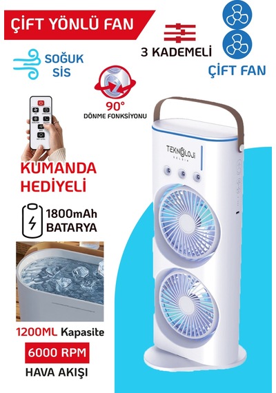 Masaüstü Vantilatör Taşınabilir Buzlu Su Spreyli Çift Katlı Fan Rgb Led Şarjlı Kumandalı 6000 Rpm