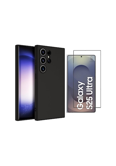 Samsung Galaxy Uyumlu S25 Ultra Kılıf Esnek Silikon Telefon Kılıfı Ve Temperli Cam Ekran Koruyucu Siyah