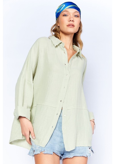 Manche Müslin Uzun Yıkamalı Oversize Rahat Kalıp Parçalı Kadın Düz Basic Gömlek Çağla Mks166905-01 Manche Müslin Uzun Yıkamalı Oversize Rahat Kalıp Parçalı Kadın Düz Basic Gömlek Çağla Mks166905-01