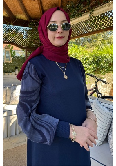 Rabia Şamlı Ebru Cupra Detaylı Triko Elbise Lacivert Normal
