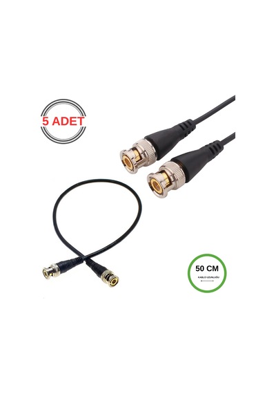 Bnc Kablo Erkek-erkek Hazır Uçlu 0.5 Mt - Siyah Cctv Görüntü Sinyal Kablosu - 5 Adet