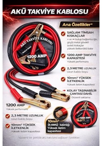 Akü Takviye Kablosu,1200 Amper, 2,3 Metre Uzunluk, Profesyonel Heavy Duty, Güçlü Timsah Kıskaçlı, Bakır İletken, Made İn Turkey