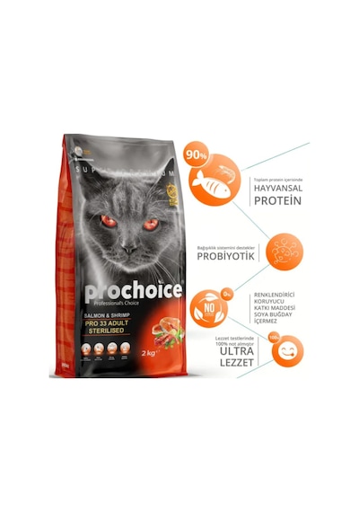 Prochoice Pro 33 Sterilised Somonlu ve Karidesli Kısırlaştırılmış Yetişkin Kedi Maması 2 KG