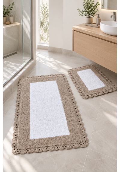 Alanur Bodrum Tufting Cotton Pamuklu El Işi Örgülü 2 Li Paspas 108 Beyaz - Kahve