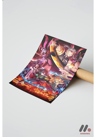 Demon Slayer Savaş Sahnesi Poster, Çerçevesiz Yüksek Kalite Duvar Afişi - Anime Severlere Özel Hediy