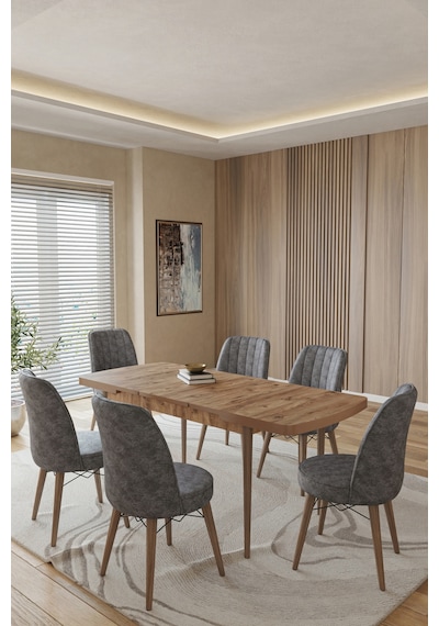 Toce Home Eva 80x130 Açılabilir Masa Yemek Odası Takımı Mutfak Takımı 6 Adet Sandalye Gri