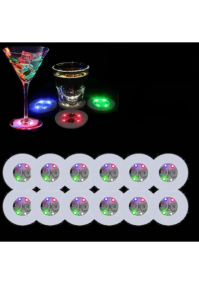Renkli Led Işıklı Bardak Altlığı - Dekoratif 12 Adet Pilli Tdrtr