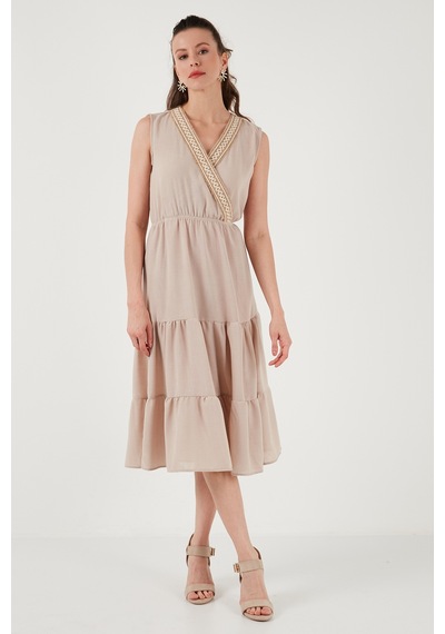 Lela Regular Fit Kruvaze Yaka Midi Bayan Elbise 6118103 Taş