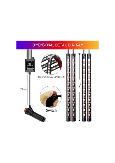 Araba Led Şerit Işığı, 4adet 36 Led Dc 12v Çok Renkli Müzik Araba İç Aydınlatması Ses Aktif Fonksiyonlu Ve Ka