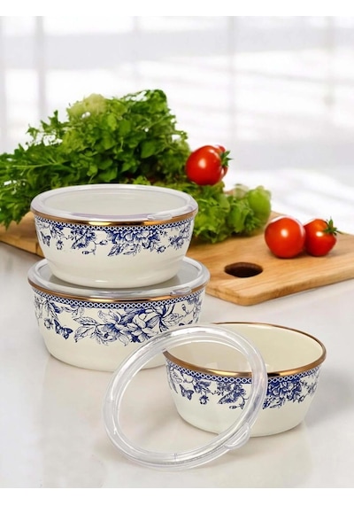 Blue Life 3'lü Emaye Saklama Kabı Seti 14-16-18 Cm Mavi