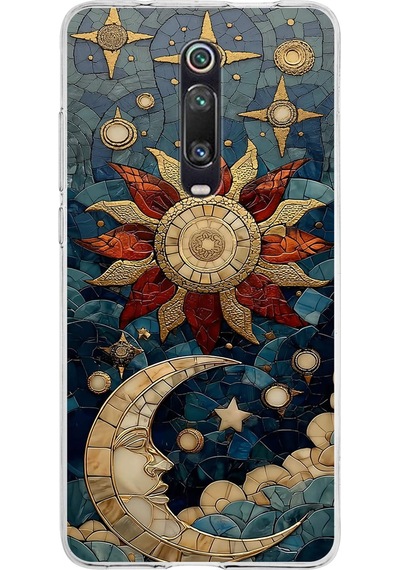 Printify Xiaomi Mi 9t İle Uyumlu Vitray Sol Ve Luna Tasarımlı Şeffaf Silikon Kılıf Şeffaf