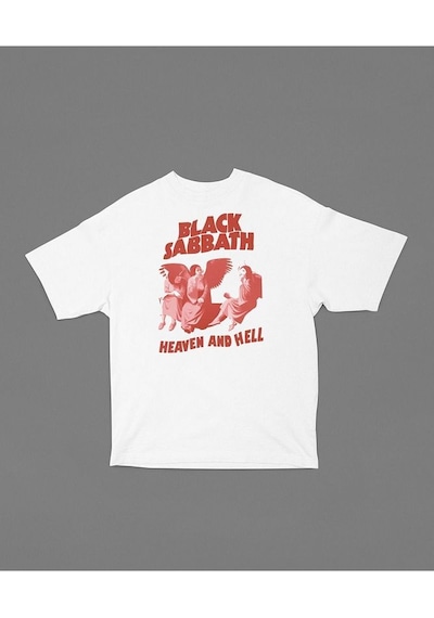 Black Sabbath Heaven And Hell Müzik Grubu Baskılı Unisex Tişört, Beyaz