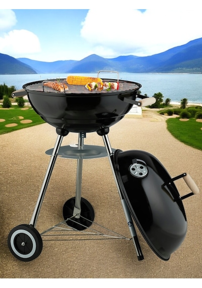 Yuvarlak Kömürlü Mangal Ahşap Kulplu Tekerlekli Mangal 44 Cm