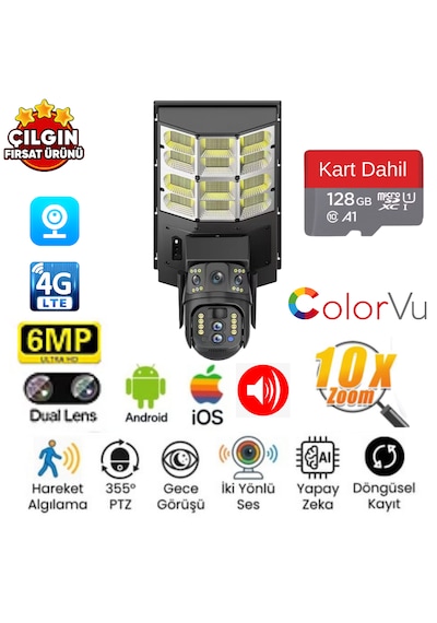 Avenir Av-sl401x Solar 4g Sokak Lambası 3lens 3ekran 4mp Akıllı Ptz Kamera + 128gb Sd Kart Dahil