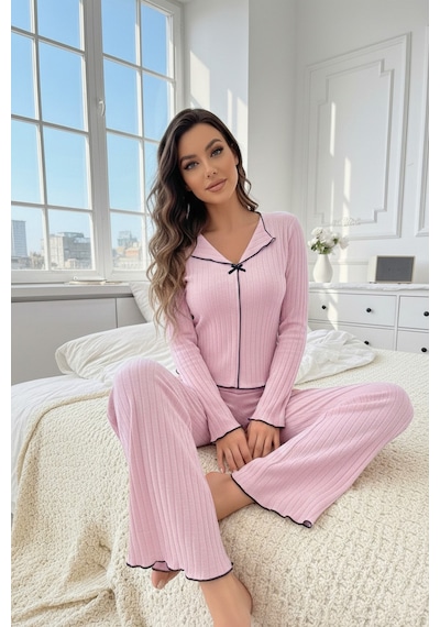 Bella Notte Pembe Pamuklu Siyah Overlok Ve Fiyonk Detaylı Uzun Kollu Pijama Takımı