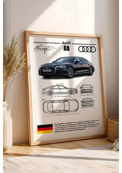 Audi A8 Tablo - Teknik Özellikli Alman Lüks Sedan Poster - Çerçeveli Duvar Dekoru - Araba Blueprint Kayın