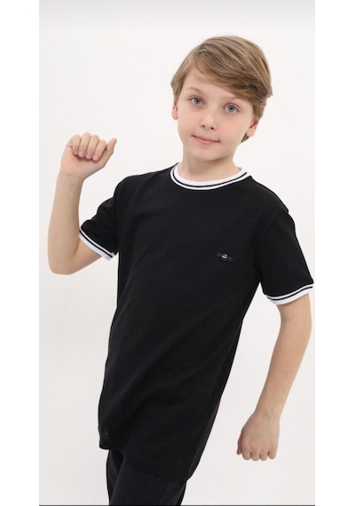 Carinos Erkek Çocuk Pamuklu Yakası Kolları Şerit Detaylı Mevsimlik Tshirt-12992-siyah Siyah Carinos Erkek Çocuk Pamuklu Yakası Kolları Şerit Detaylı Mevsimlik Tshirt-12992-siyah Siyah