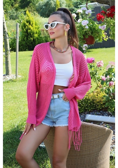 Aqe Fashion Motif Detaylı Eteği Püsküllü Hırka Fuşya Fuşya