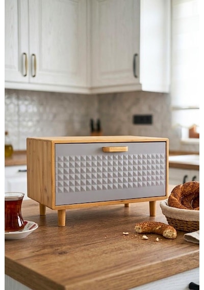Bambu Gövdeli Gri Pane Ekmek Dolabı 36x23x24 Cm - Demonte Ayaklı Tezgah Üstü Ekmeklik