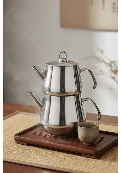 Yunusoğlu Home Aletta Büyük Boy Paslanmaz Çelik Çaydanlık Metal Kulp Aile Boy Kullanım 1.6l+2.5l Gri