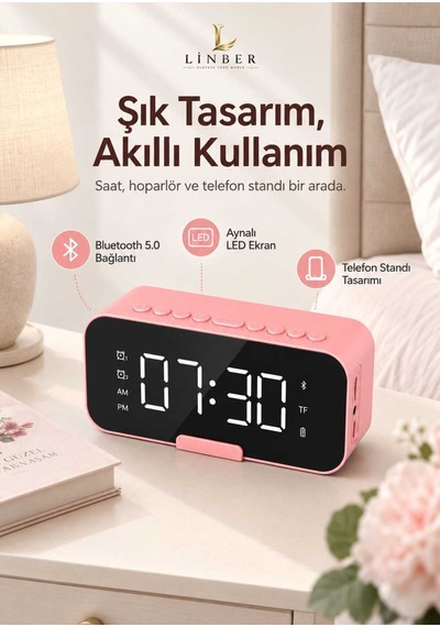 Pembe Bluetooth 5.0 Aynalı Masa Saati Ve Hoparlör 2 Alarm, Erteleme, Fm Radyo, Tf Kart Ve Dahili Mikrofon Pembe Pembe