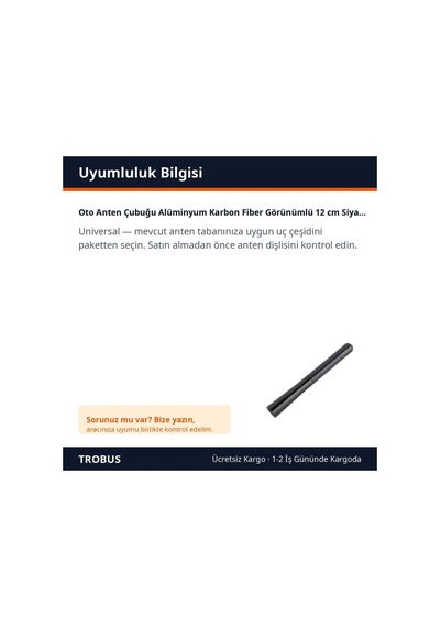 Trobus Oto Anten Çubuğu Alüminyum Karbon Fiber Görünümlü 12 Cm Siyah
