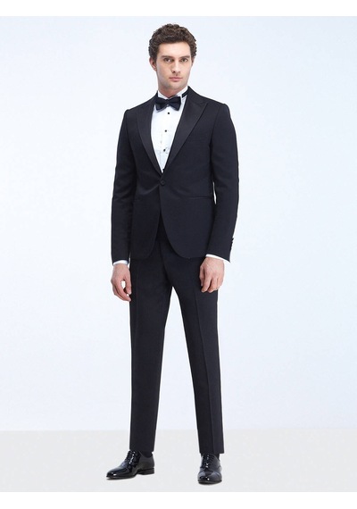 Kip Siyah Düz Slim Fit Kruvaze Yaka Dokuma Smokin Takım Elbise 001